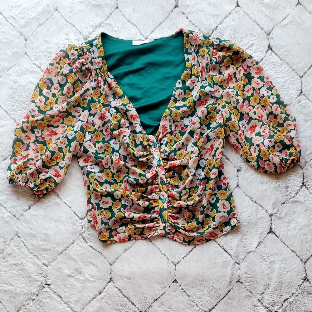 Medium Lush Ruched floral button up blouse with Puff Sleeve.